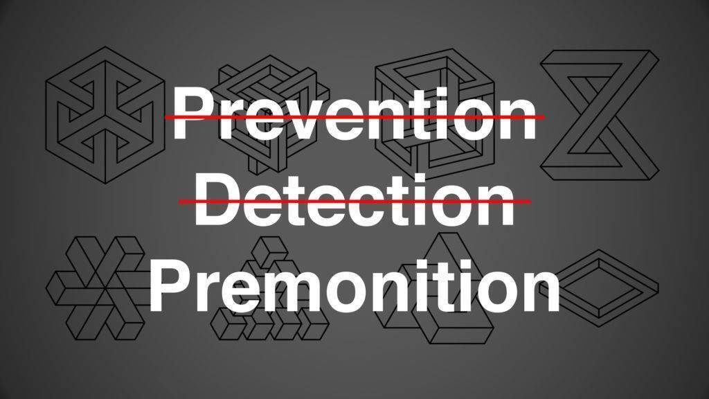 crossed out words reading prevention, detection. The word premonition is not crossed out. Various patterns are behind the text.