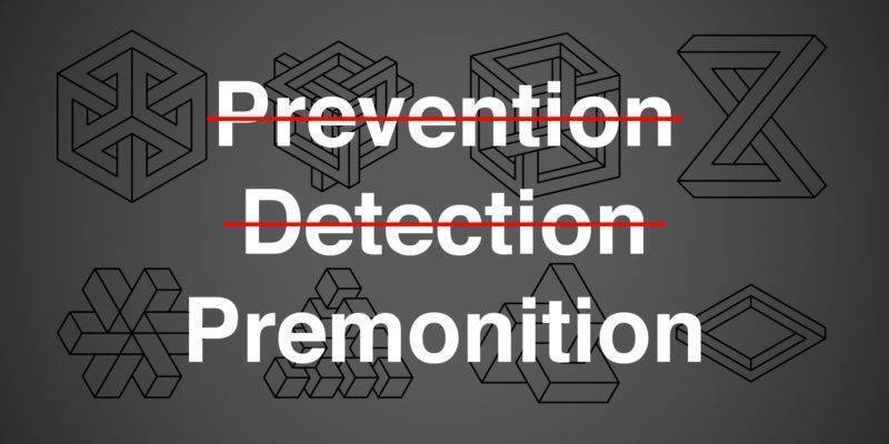 crossed out words reading prevention, detection. The word premonition is not crossed out. Various patterns are behind the text.